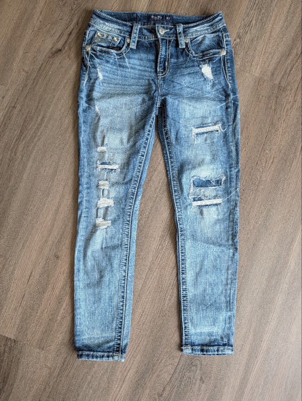 Miss Me Blue Mid-Rise Distressed Ankle Skinny Jeans With Stars And Flag